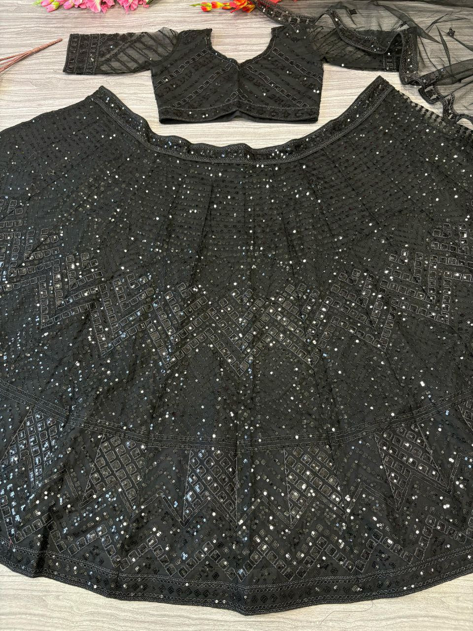 Premium Net Embellished Thread Embroidery Work With Cancan And Canvas Lehenga
