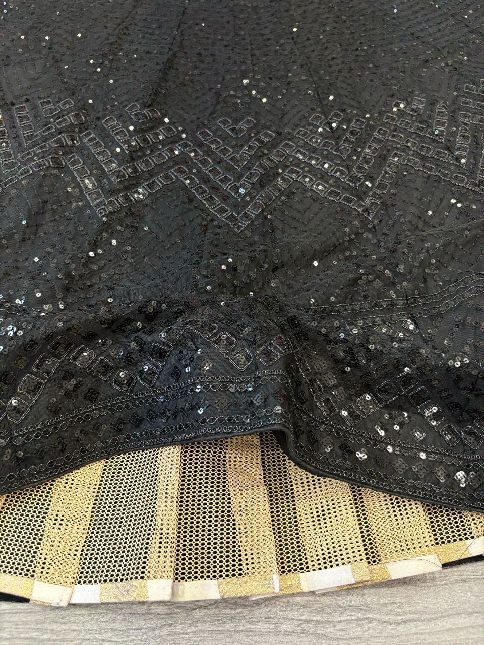 Premium Net Embellished Thread Embroidery Work With Cancan And Canvas Lehenga