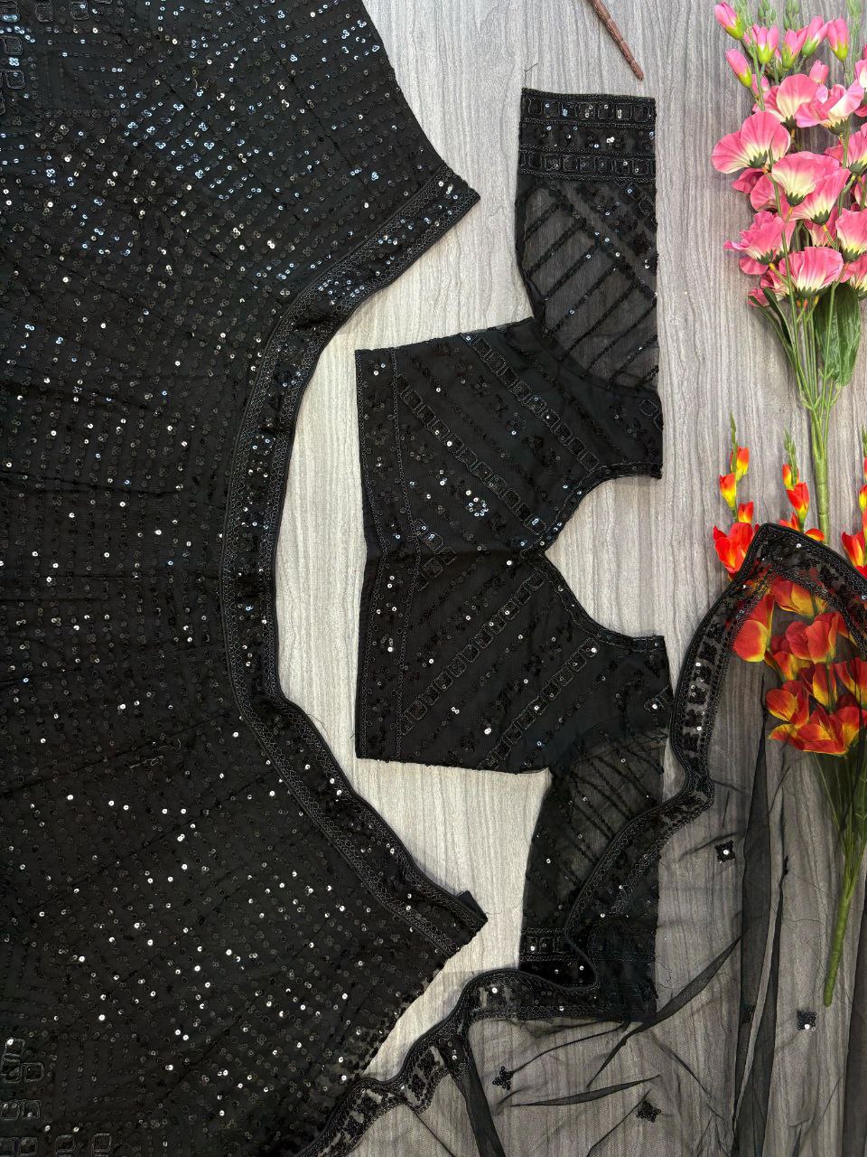 Premium Net Embellished Thread Embroidery Work With Cancan And Canvas Lehenga