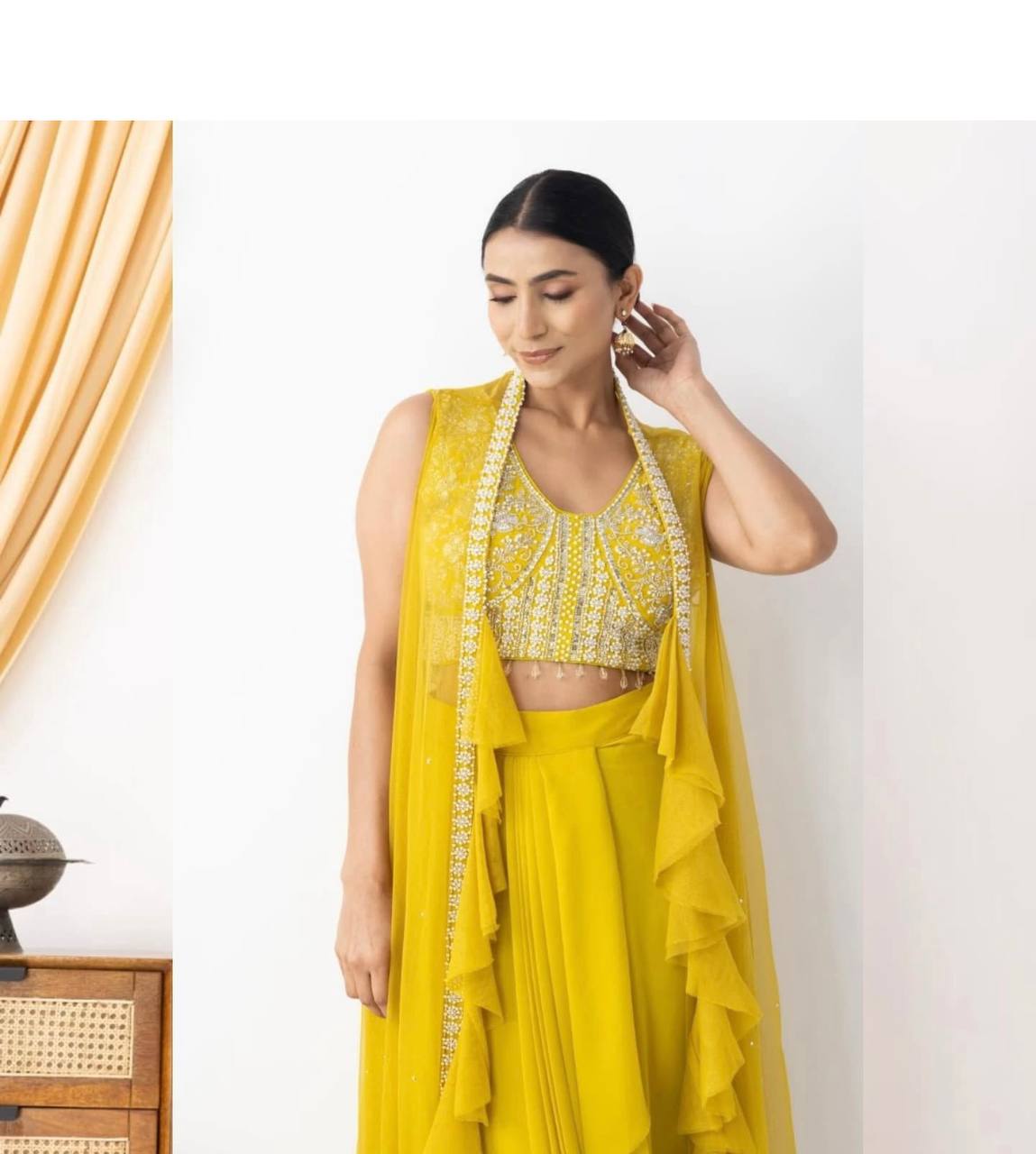 BEAUTIFUL WOMEN'S WEAR TRENDING DHOTI SHRUG SET WITH BEADS SEQUENCE WORK