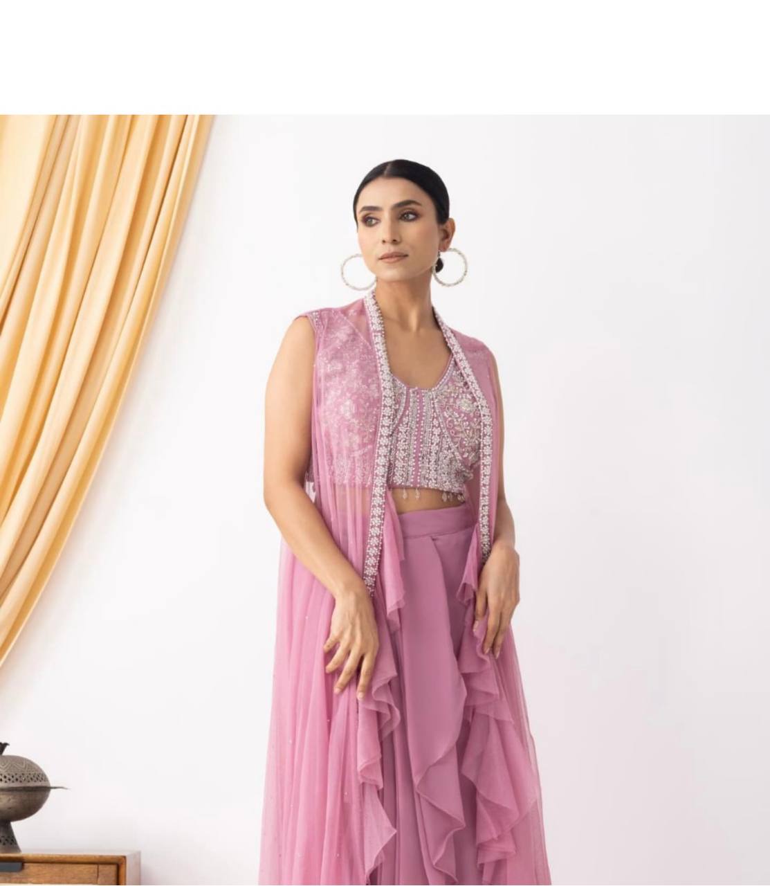 BEAUTIFUL WOMEN'S WEAR TRENDING DHOTI SHRUG SET WITH BEADS SEQUENCE WORK