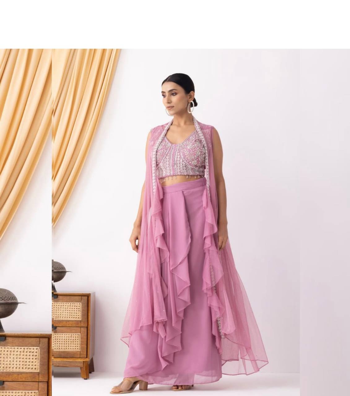 BEAUTIFUL WOMEN'S WEAR TRENDING DHOTI SHRUG SET WITH BEADS SEQUENCE WORK