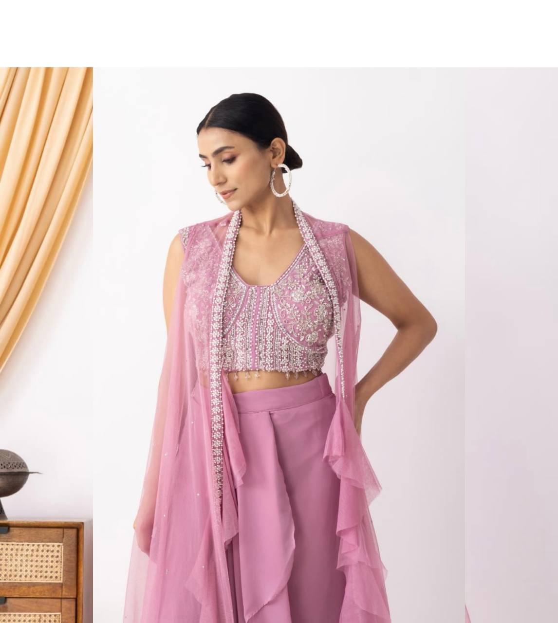 BEAUTIFUL WOMEN'S WEAR TRENDING DHOTI SHRUG SET WITH BEADS SEQUENCE WORK