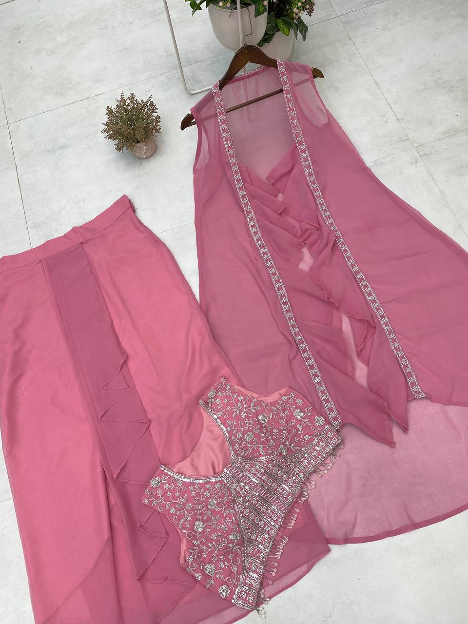 BEAUTIFUL WOMEN'S WEAR TRENDING DHOTI SHRUG SET WITH BEADS SEQUENCE WORK