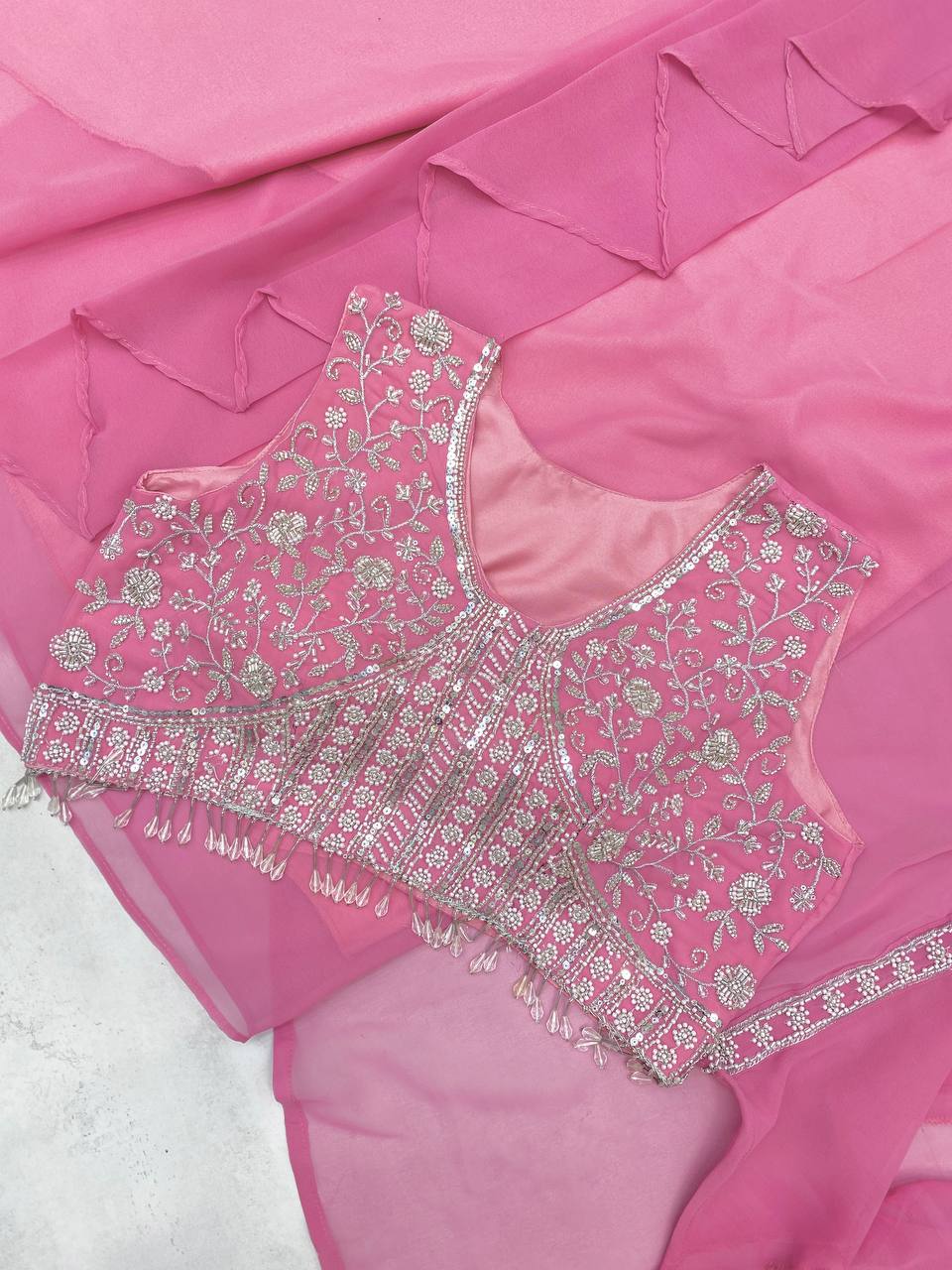 BEAUTIFUL WOMEN'S WEAR TRENDING DHOTI SHRUG SET WITH BEADS SEQUENCE WORK