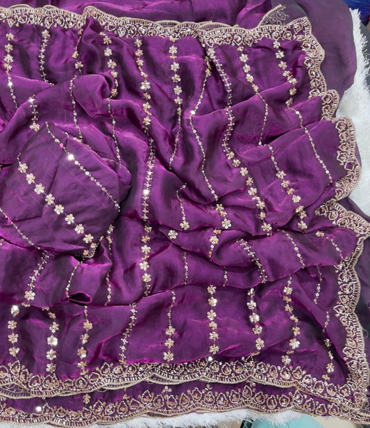 Fendy Satin Lehariya Cutdana Sequins Embroidery Work Saree