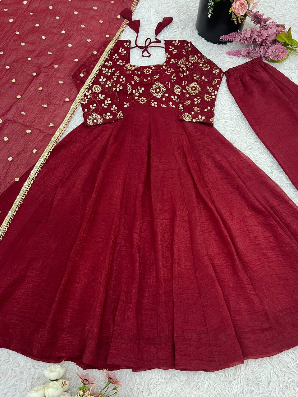 Red Color Premium Look Crunchy Silk Top Plazzo