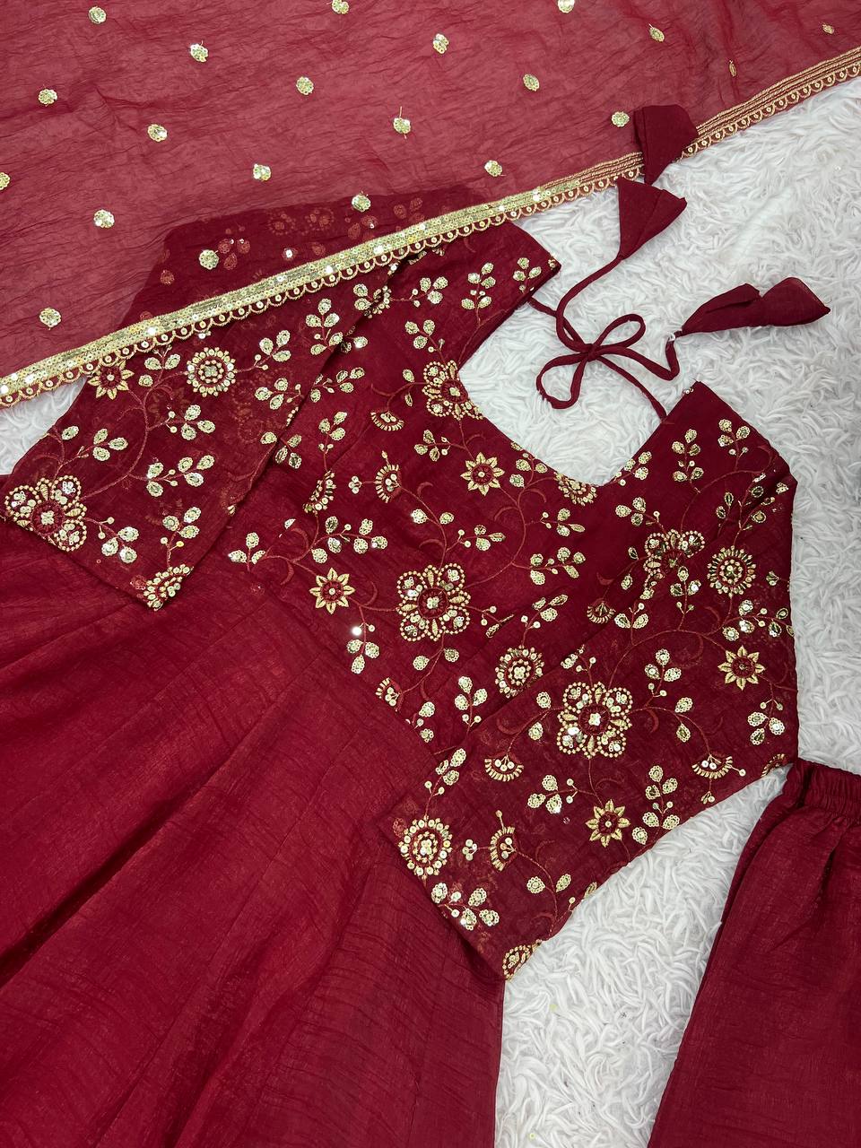 Red Color Premium Look Crunchy Silk Top Plazzo