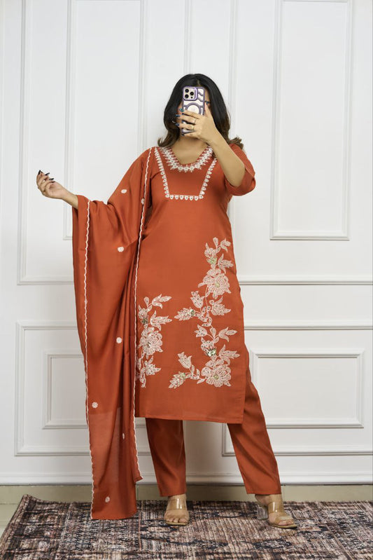 orange Color Premium Roman Silk With Embroidery Work Kurti