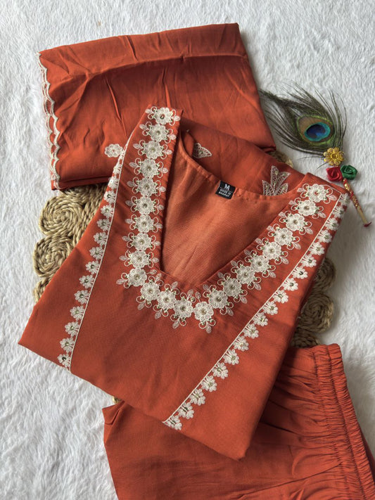 orange Color Premium Roman Silk With Embroidery Work Kurti