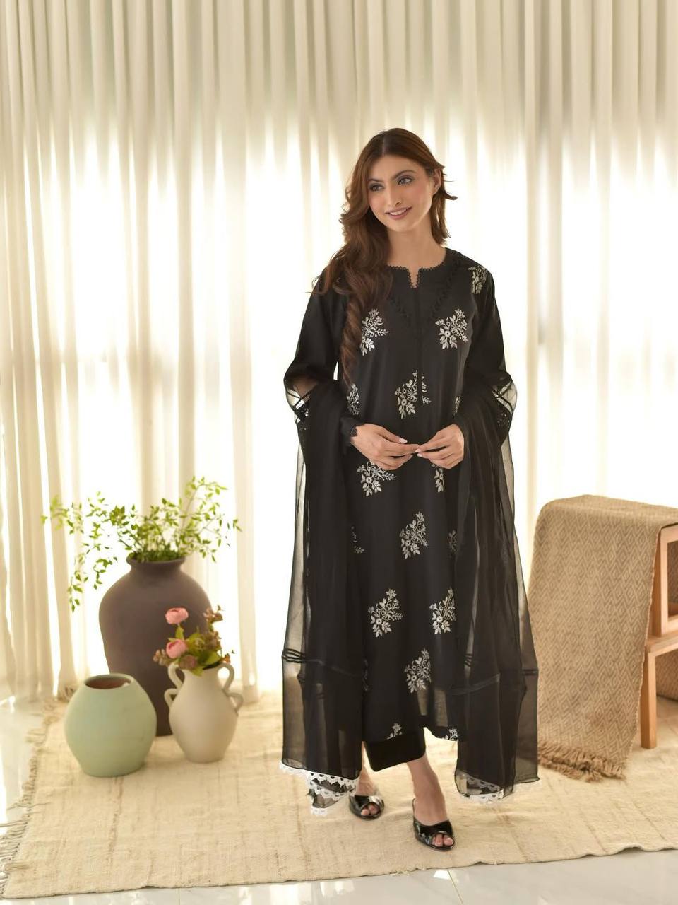 Pink Color Roman Silk Embroidery Work Top Pent