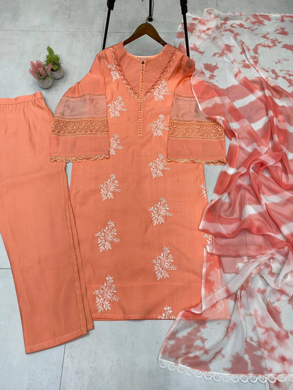 Pink Color Roman Silk Embroidery Work Top Pent