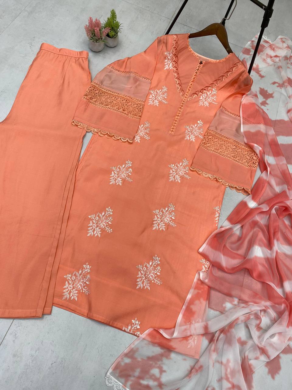Pink Color Roman Silk Embroidery Work Top Pent