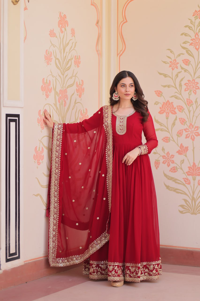 Faux Georgette Zari & Sequence Embroidery Work Gown