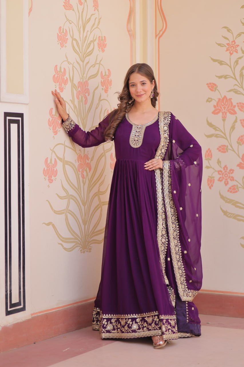 Faux Georgette Zari & Sequence Embroidery Work Gown