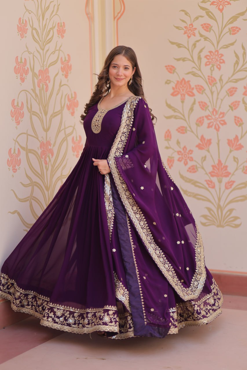 Faux Georgette Zari & Sequence Embroidery Work Gown