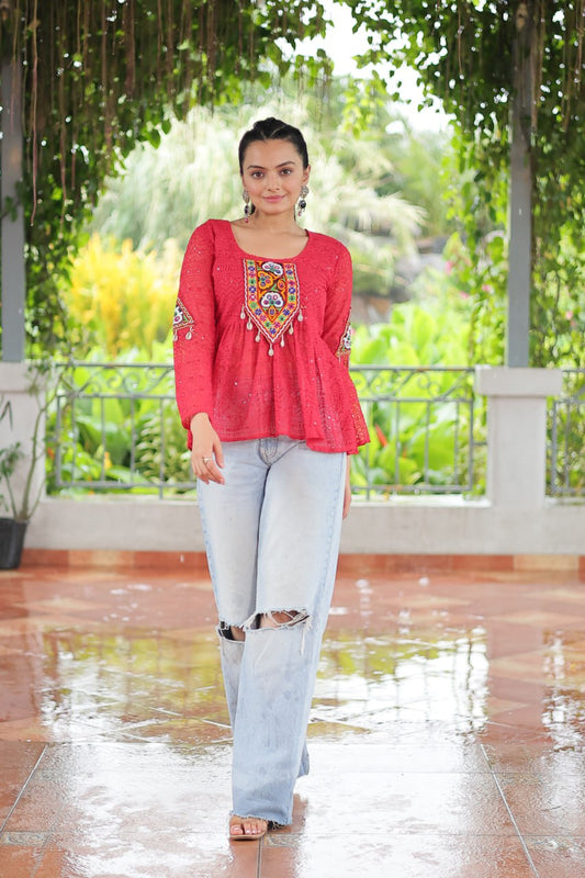 Navratri Specal Georgette Schffi Kutchi Patch Work Top