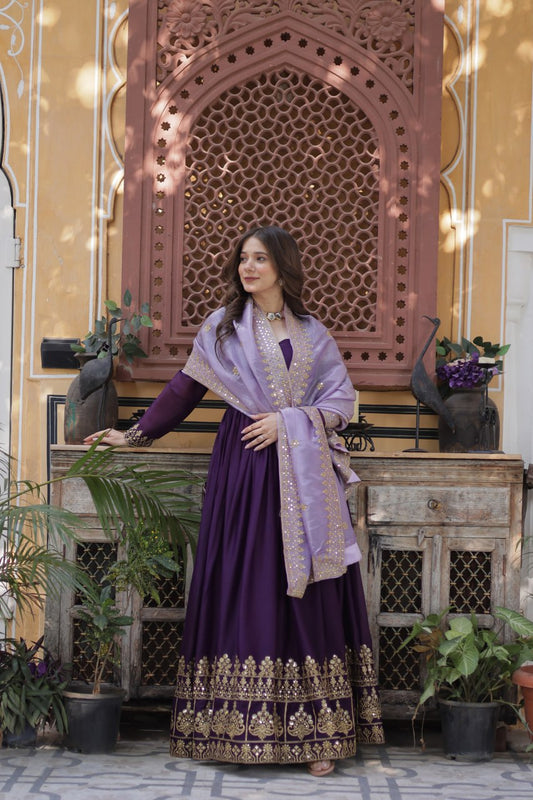 ETHNIC PLUS PURPLE EMBROIDERED GEORGETTE WEDDING ANARKALI GOWN