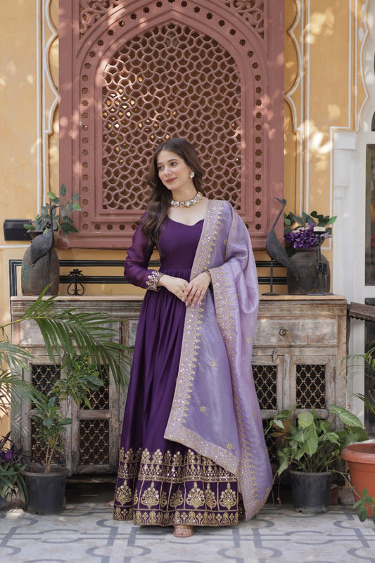 ETHNIC PLUS PURPLE EMBROIDERED GEORGETTE WEDDING ANARKALI GOWN