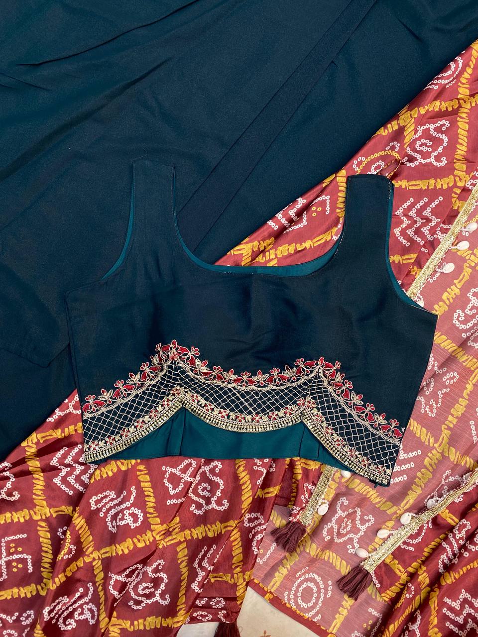 Printed And Latkan With Kodi Lace Work With Chinon Shrug Dhoti Choli