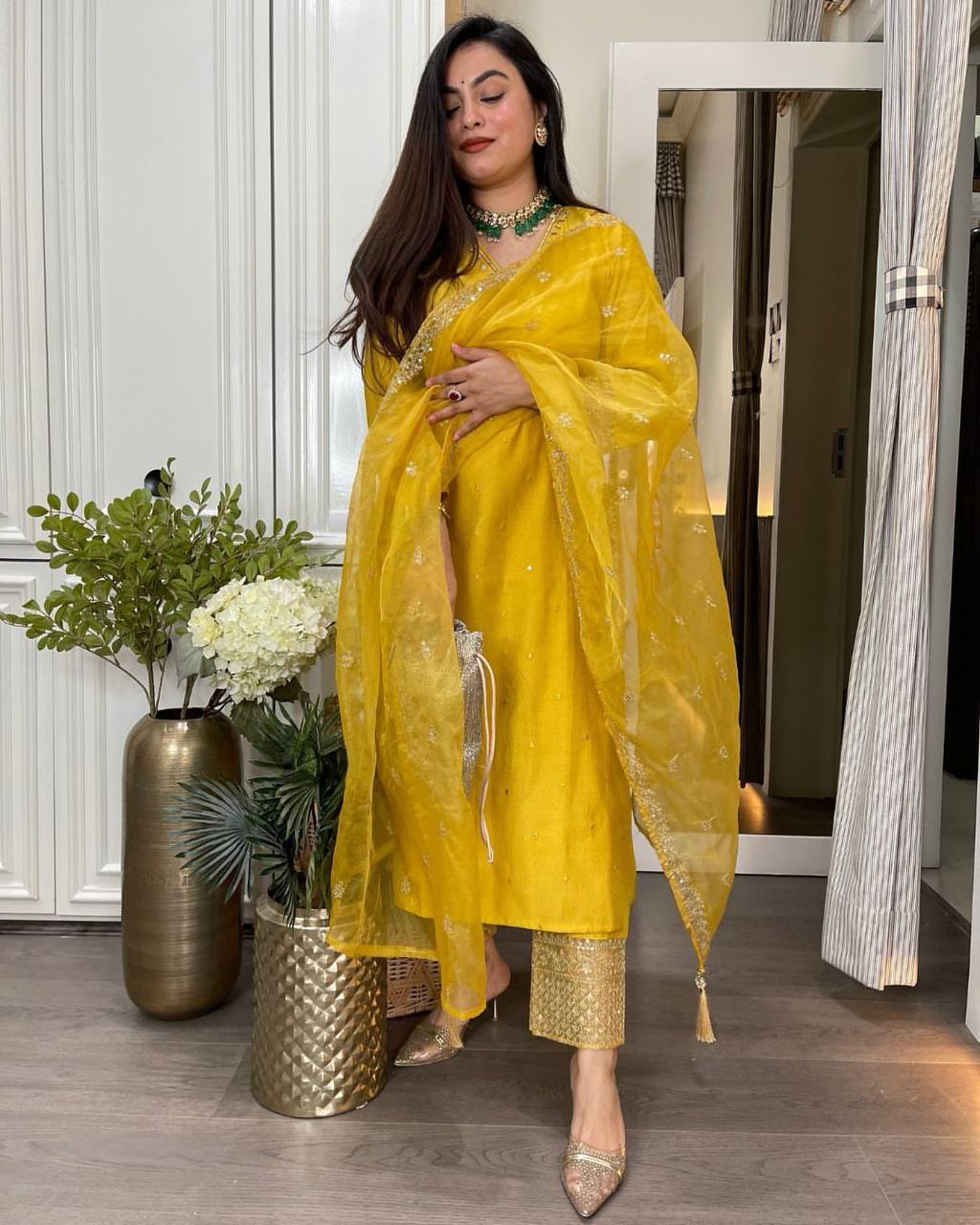 ROMAN SILK REAL MIRROR WORK YELLOW COLOR KURTI SET