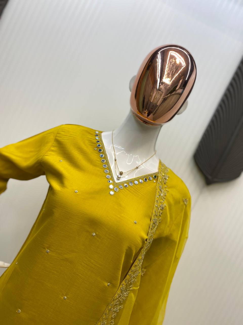 ROMAN SILK REAL MIRROR WORK YELLOW COLOR KURTI SET