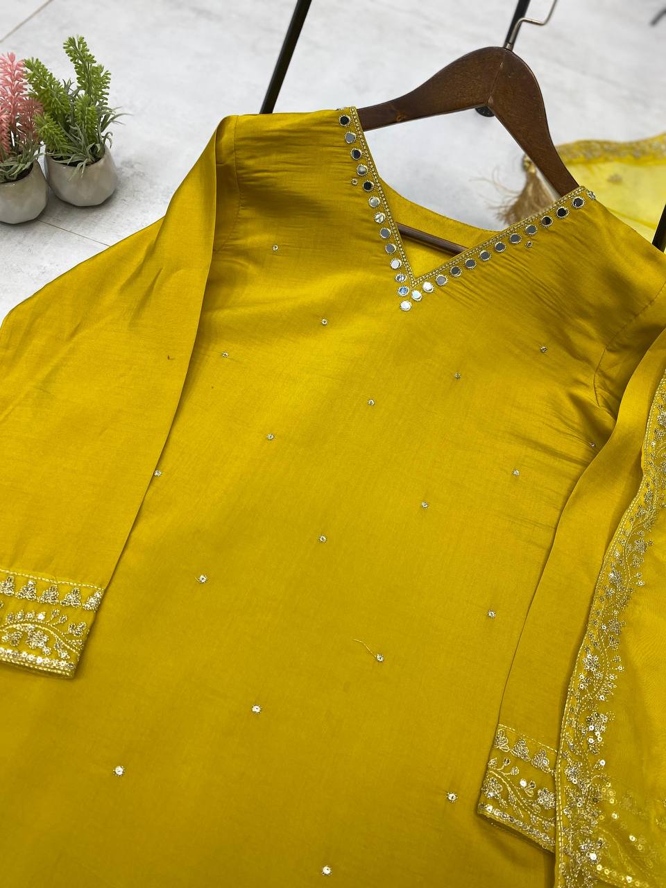 Roman Silk With Sequence Embeoidery Work With Mirror Work Top Pent