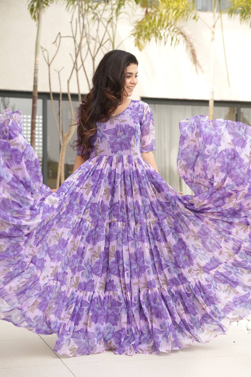 Faux Georgette Print Work Cotton Lining Gown