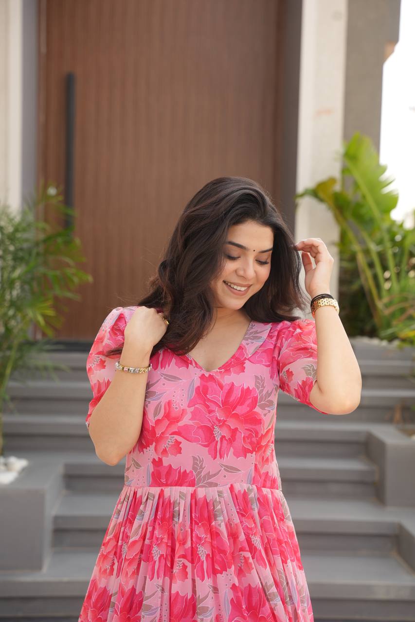 Faux Georgette Print Work Cotton Lining Gown