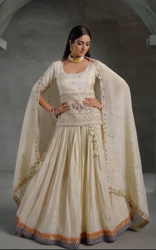 White Color Embroidery Sequins Work Top Lehenga