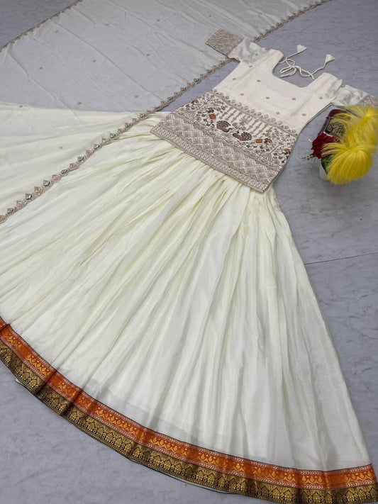 White Color Embroidery Sequins Work Top Lehenga