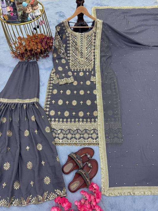 Heavy Simar Star Georgette With Sequence Work With Fancy Moti Latkan Top Sharara