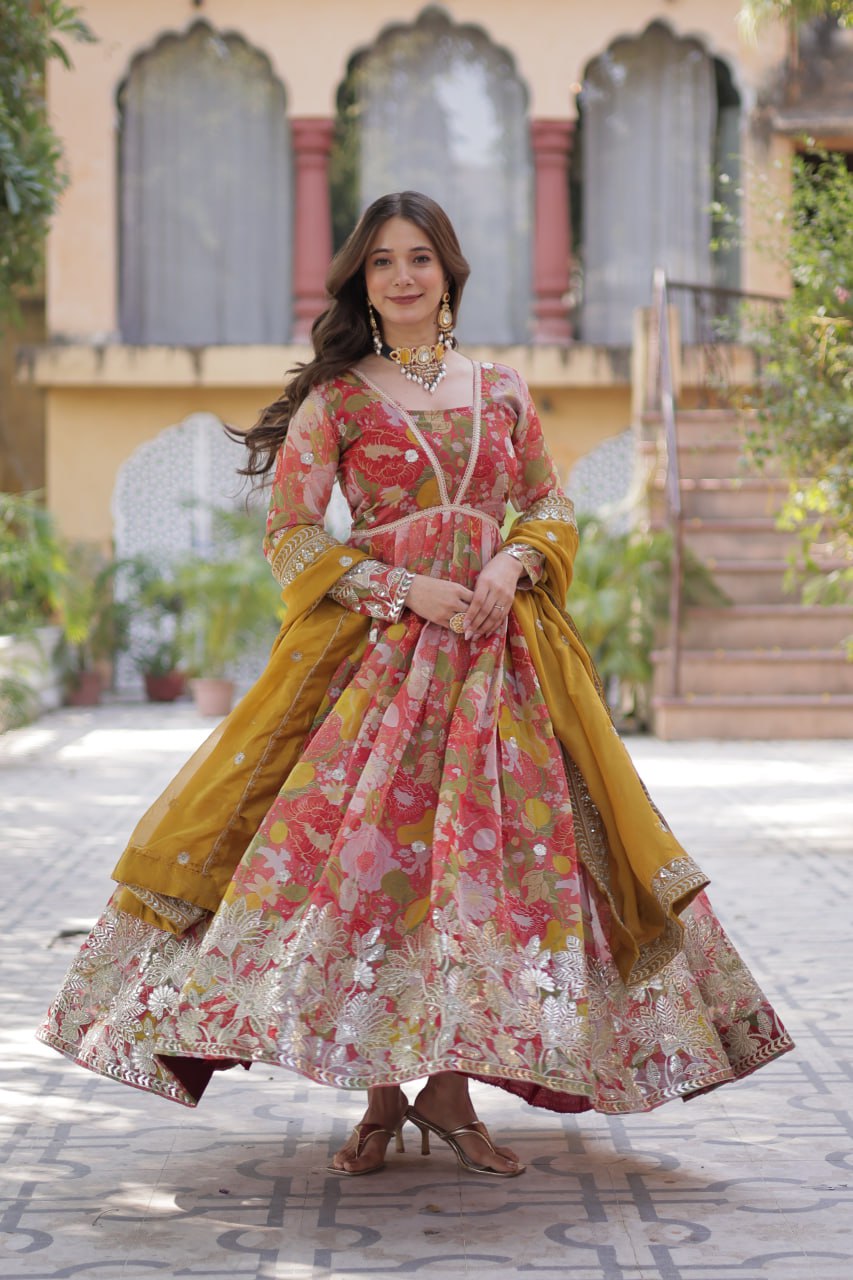 RUSSIAN SILK PREMIUM READYMADE ALIA CUT GOWN WITH DUPATTA SET