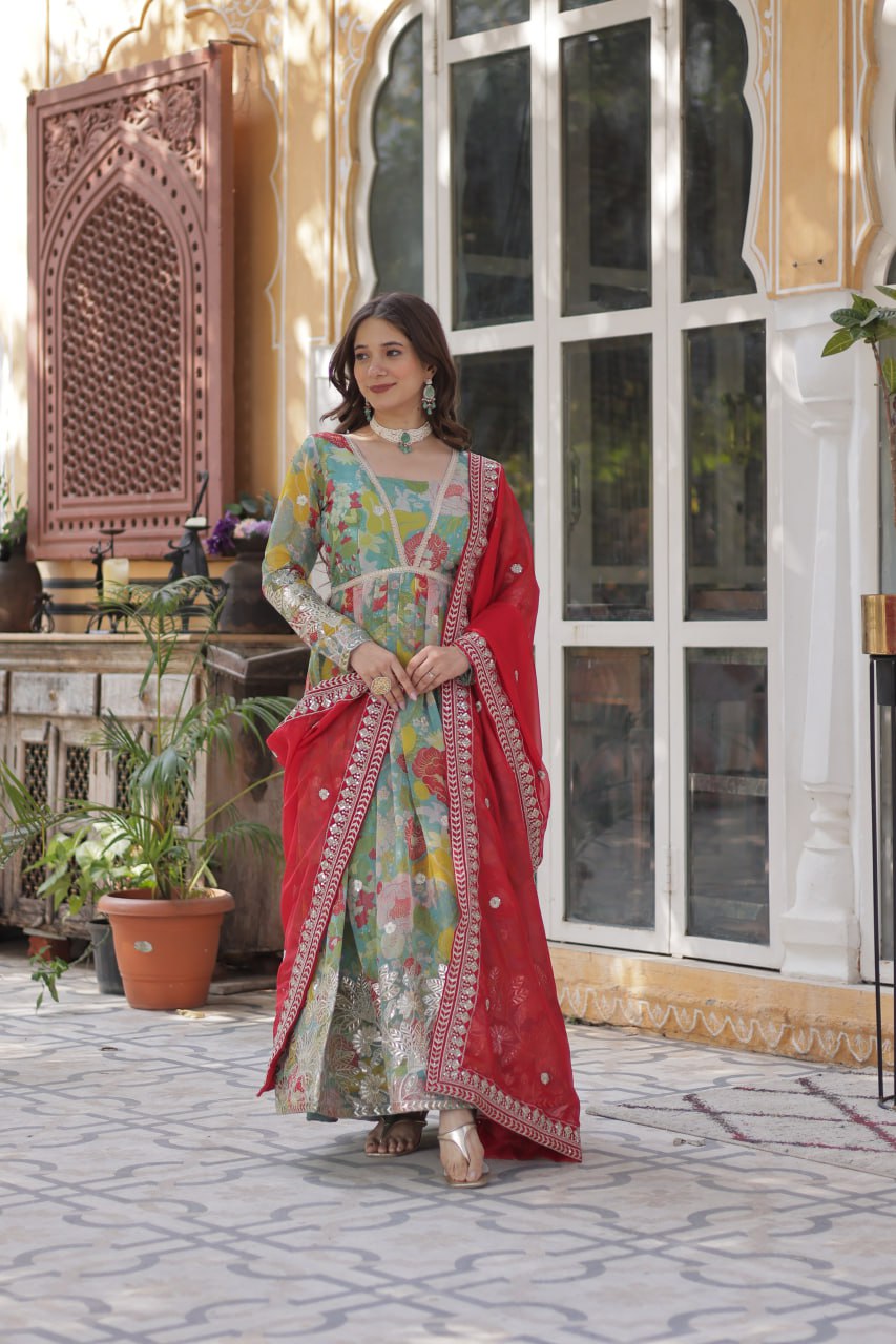 RUSSIAN SILK PREMIUM READYMADE ALIA CUT GOWN WITH DUPATTA SET
