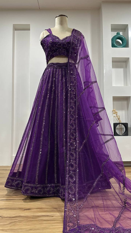 Purple Color Net Fabric Sequence& Dori Work Lehengaa