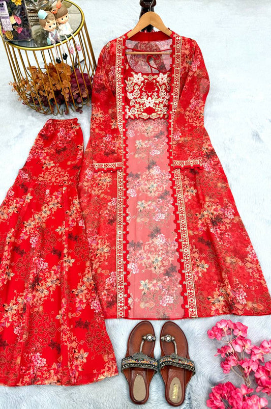 Red Color Satin Silk With Embroidery Work Koti Plazzo