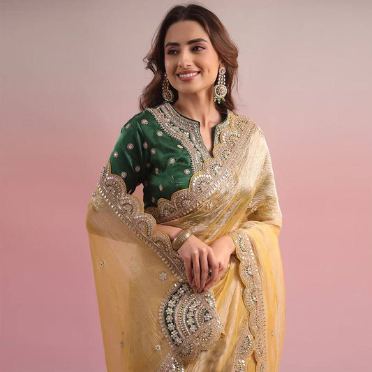 Wedding Function Traditional Twill Net With Green Blouse Cream Saree