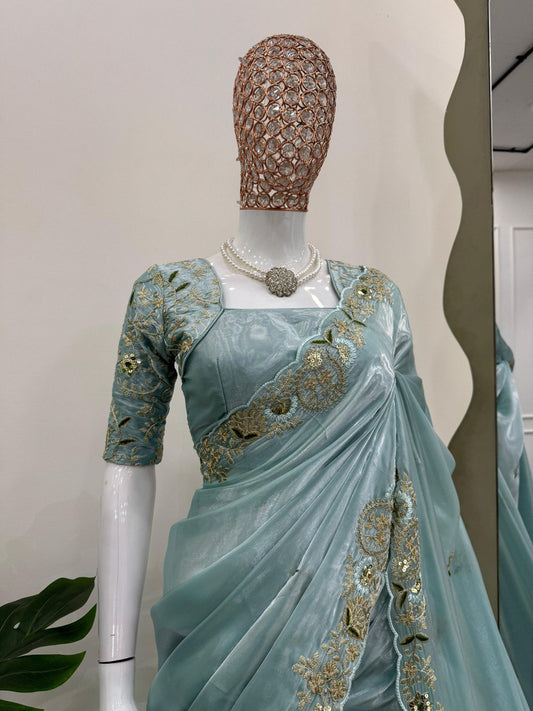 Jimmy Choo Thred & Sequnce Work Party Wear Sky Color Saree