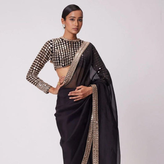 Bollywood Style Most Trending Black Color Real Mirror Work Saree