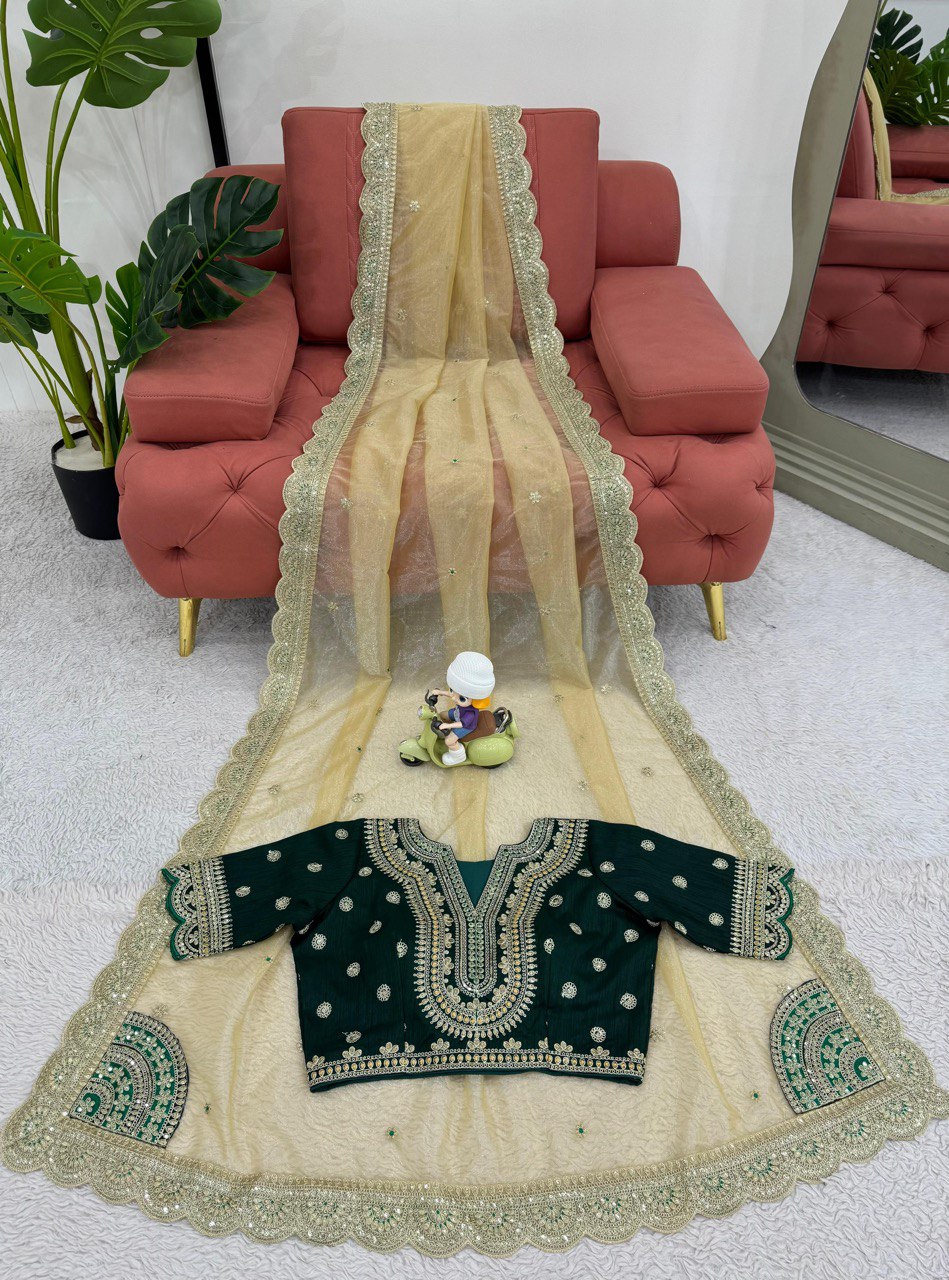 Wedding Function Traditional Twill Net With Green Blouse Cream Saree