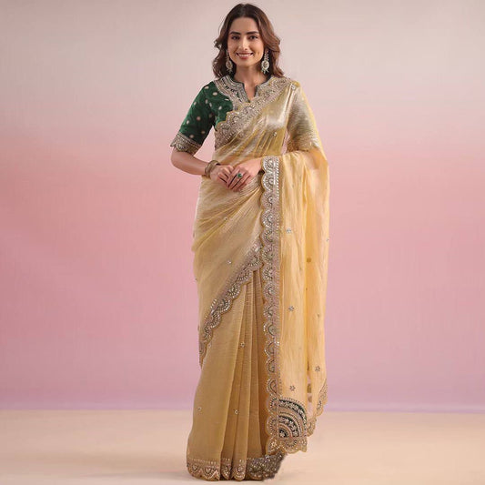 Wedding Function Traditional Twill Net With Green Blouse Cream Saree
