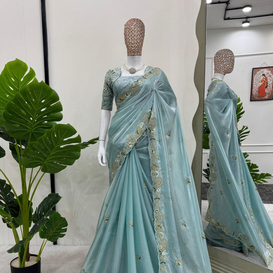Jimmy Choo Thred & Sequnce Work Party Wear Sky Color Saree