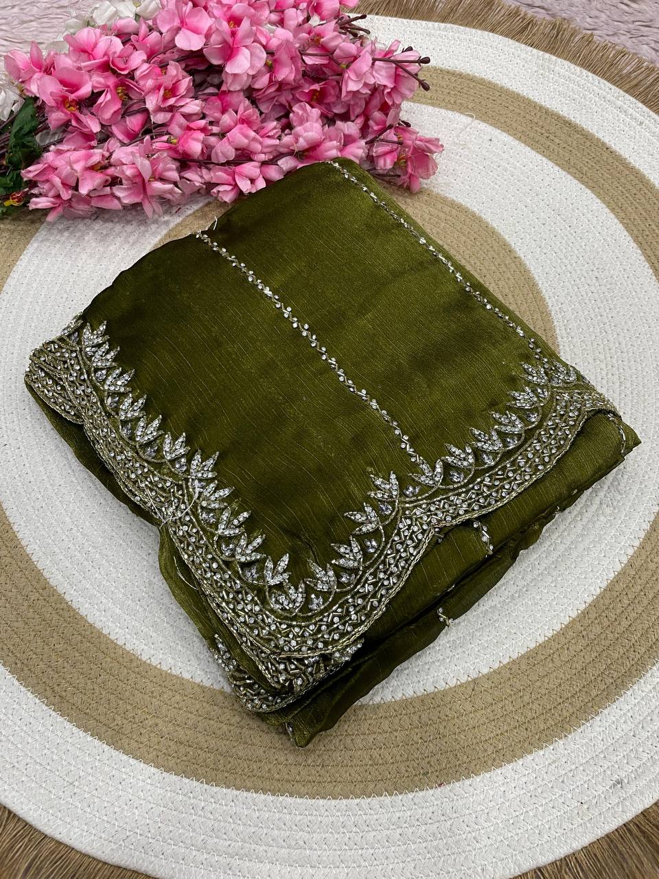 Burberry Chiffon Khatli Handwork Saree Set