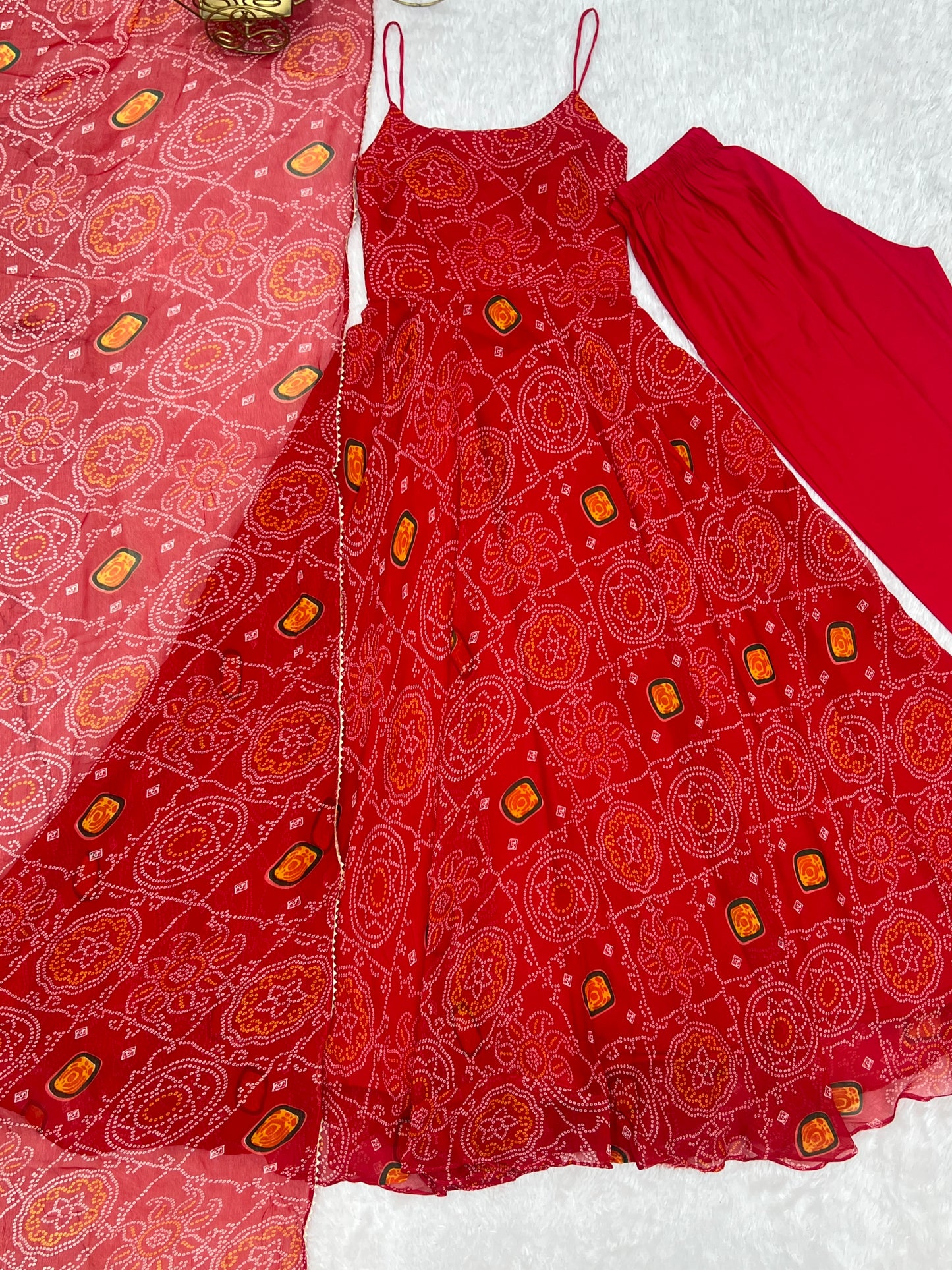 Bandhani Printed Sleeveless 8 MTR Huge Flair Anarkali Gown