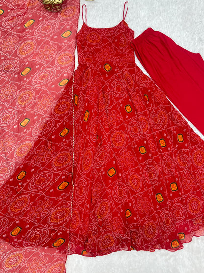 Bandhani Printed Sleeveless 8 MTR Huge Flair Anarkali Gown