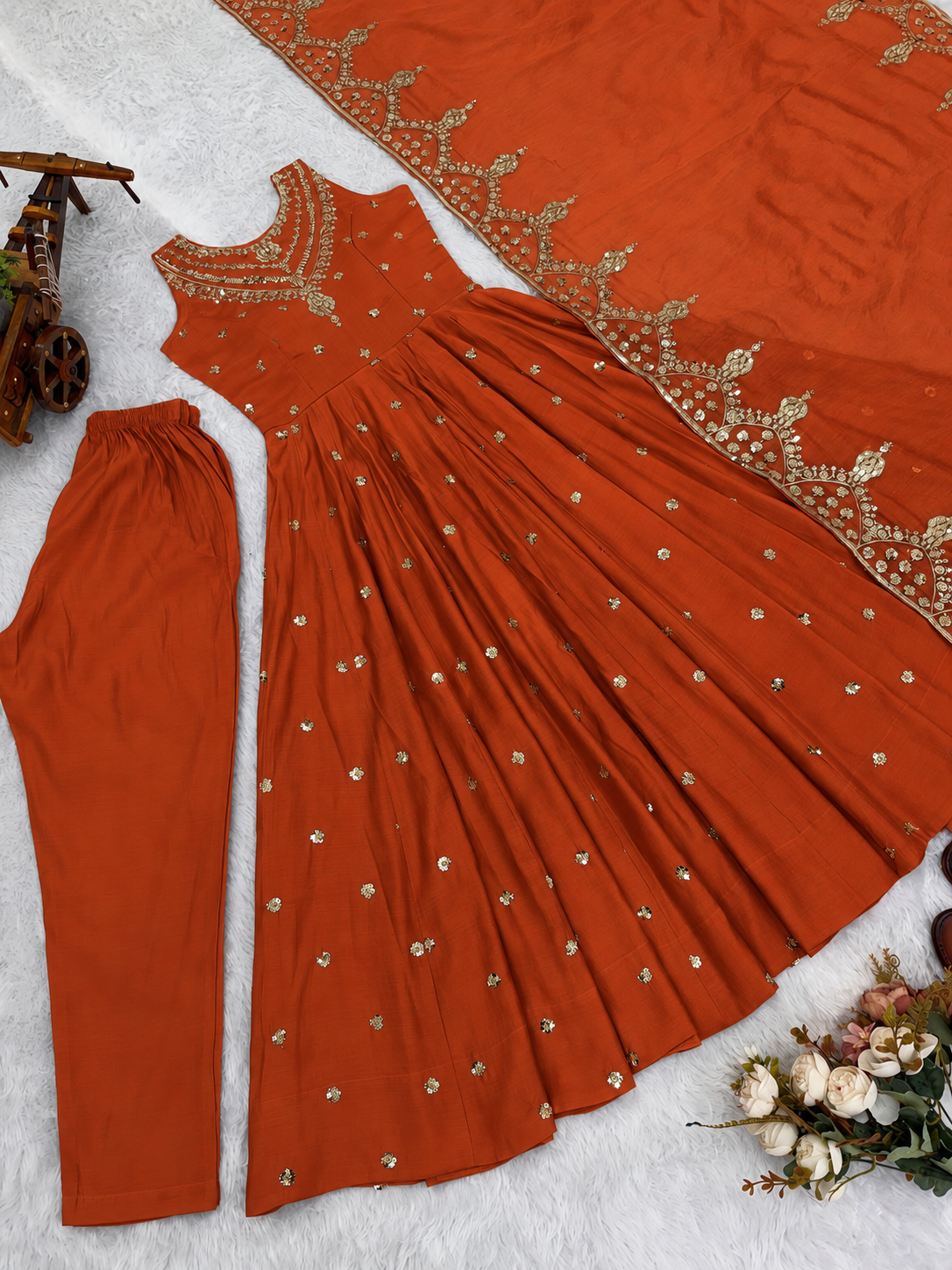 Beautiful Premium Roman Silk With Heavy Embroidery Sequence Work Gown Set