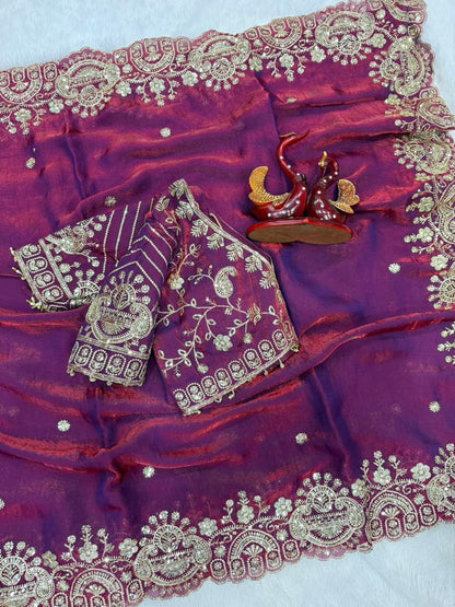 Two Tone Space Silk Embroidered Saree Set