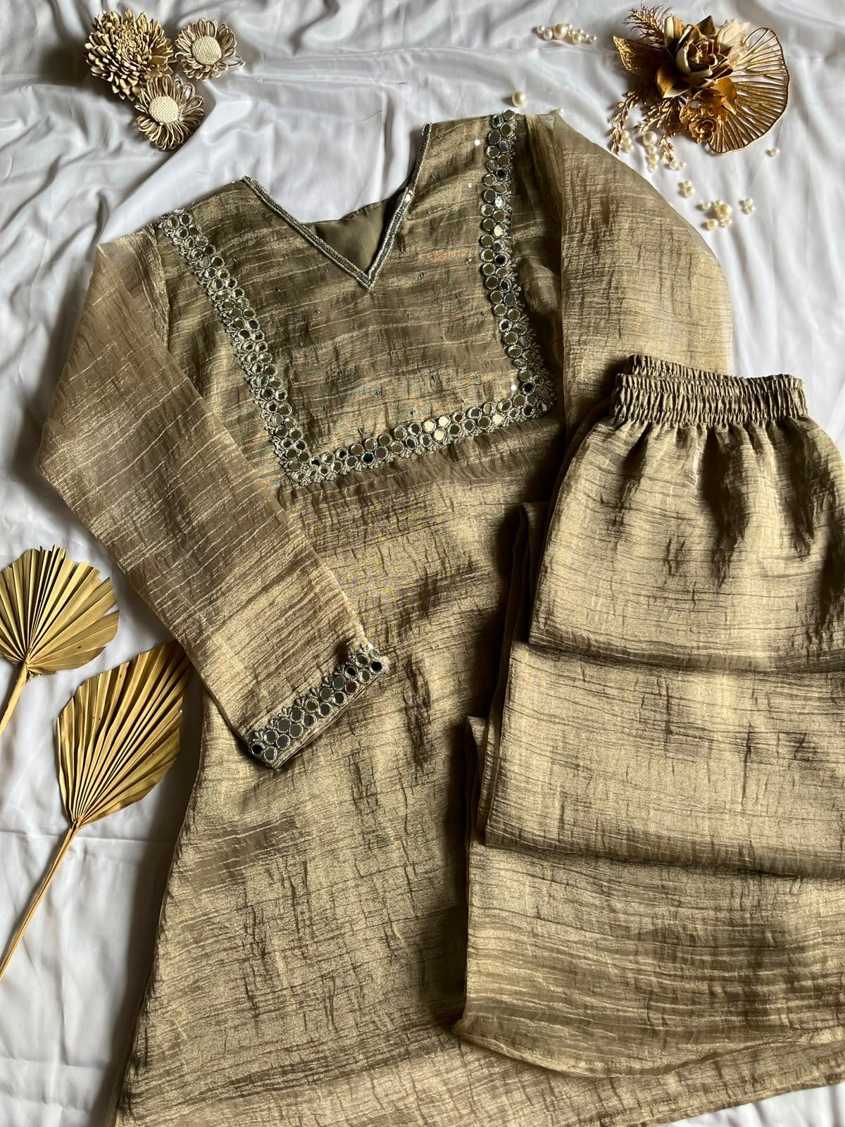Premium Salsa Crush Mirror Work Kurta Set