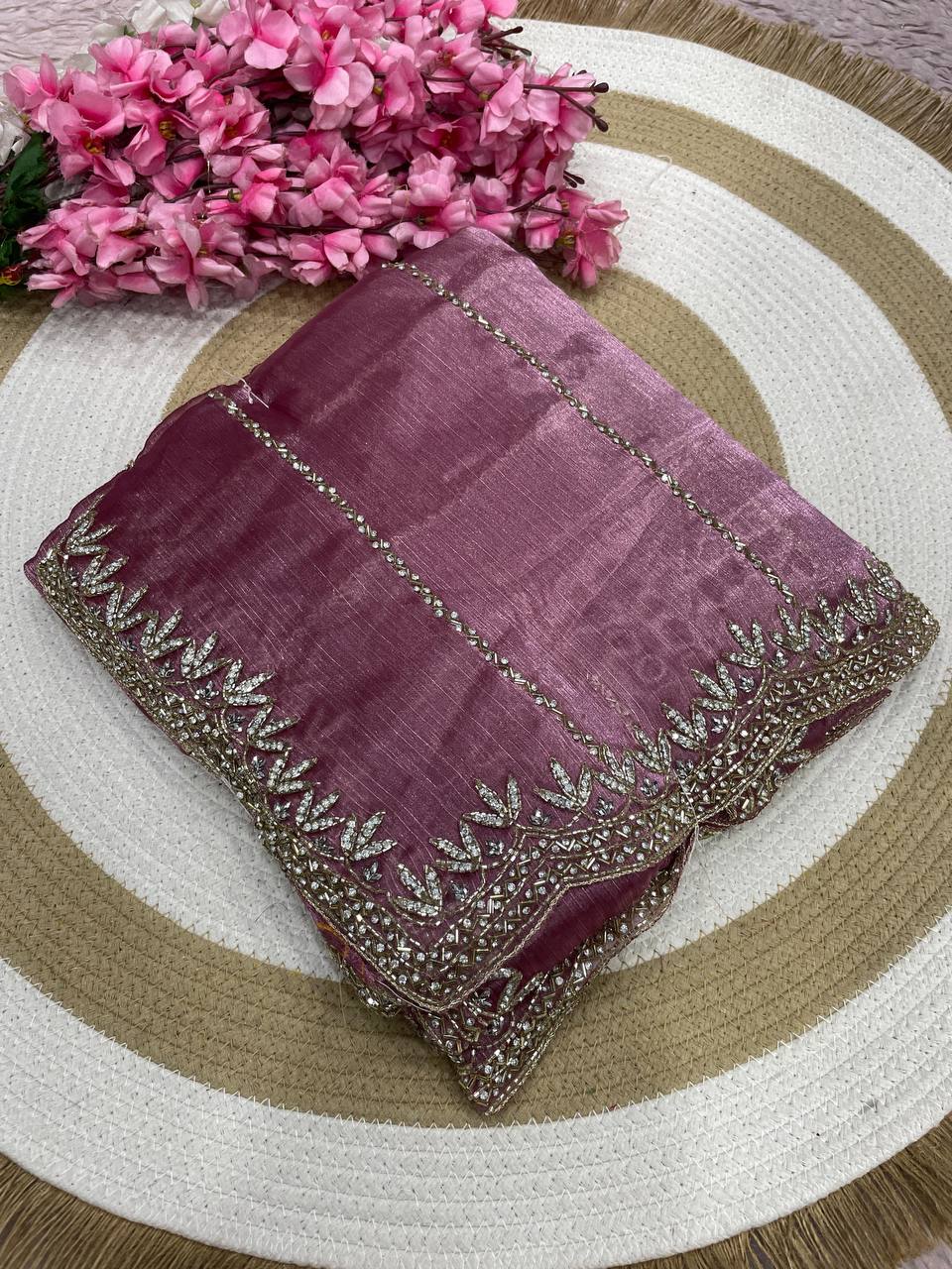 Burberry Chiffon Khatli Handwork Saree Set