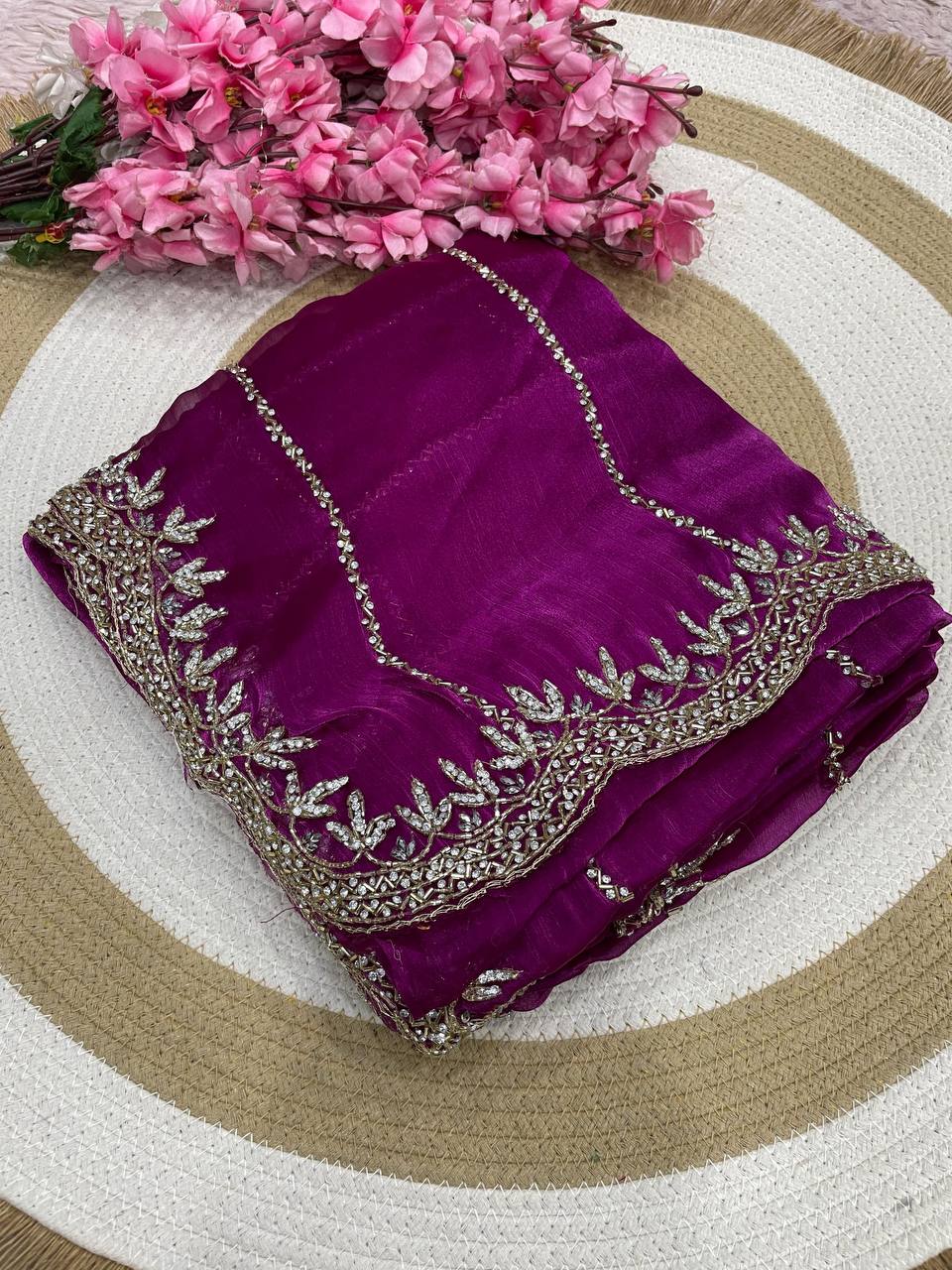 Burberry Chiffon Khatli Handwork Saree Set
